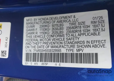2025 Honda Cr-V Hybrid Sport z USA, uszkodzony, nr VIN 7FARS5H55SE029565